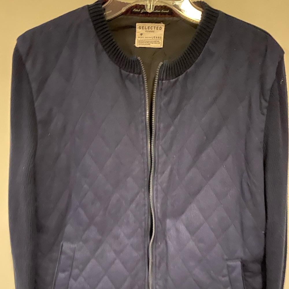 Selected Homme Navy Bomber Jacket EU/UK Large, Knit Sleeves